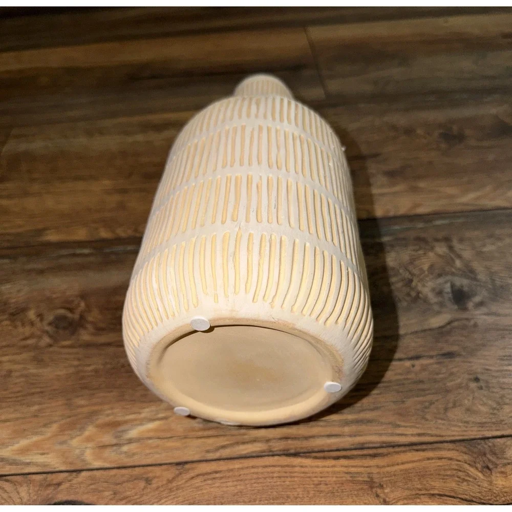 Farmhouse Ceramic Vase Handle Tassel Gray Yellow Striped Rustic Decor Terracotta
